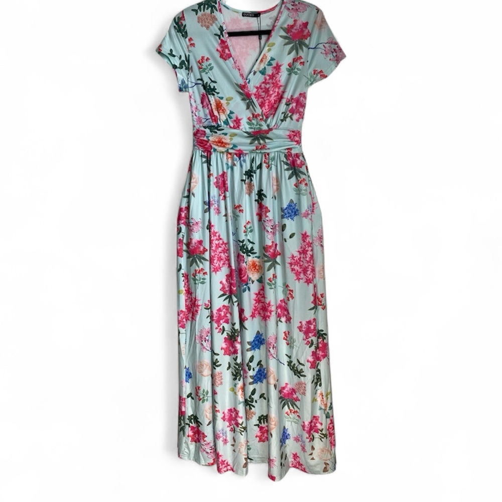 Elegant Ouges Floral Maxi Dress in Pink and Blue Size S